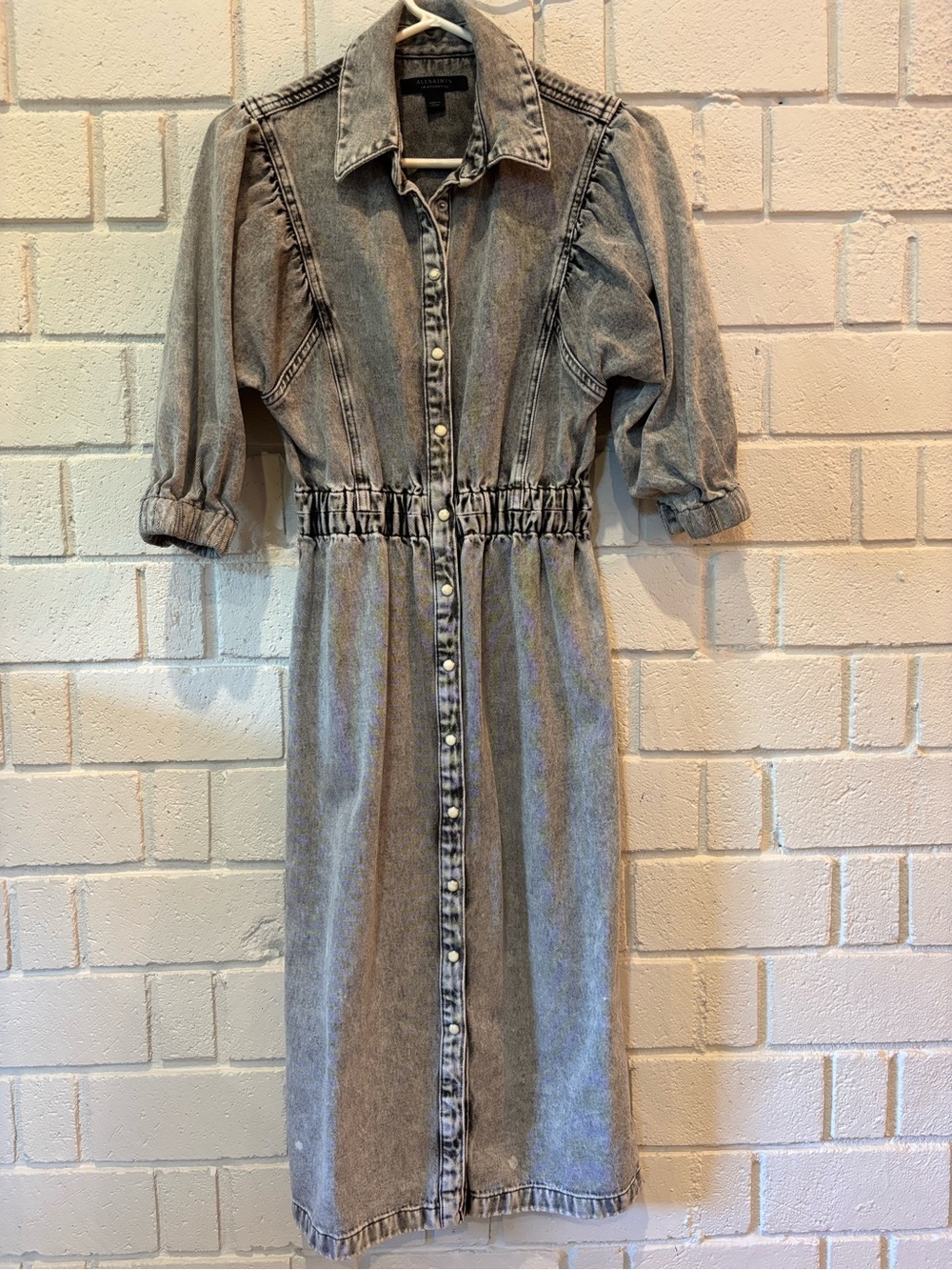 All Saints Washed Grey Denim Midi Shirt Dress